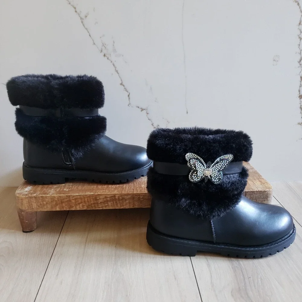 Bellaoia Boots Girls 1 Black Butterfly Faux Fur Ankle Rhinestone Lug‎ Sole